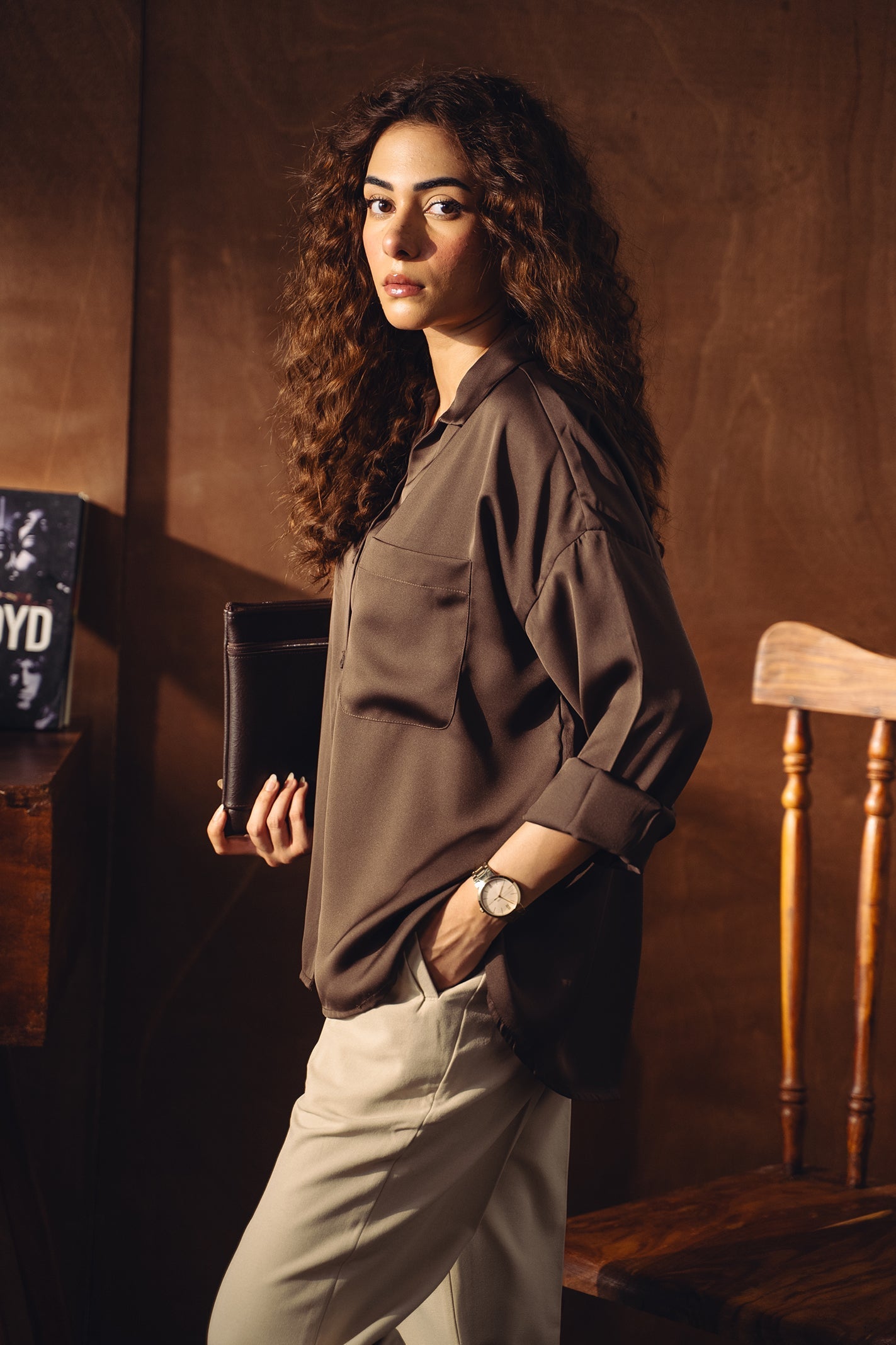 Satin Button-down Shirt - Chocolate Brown
