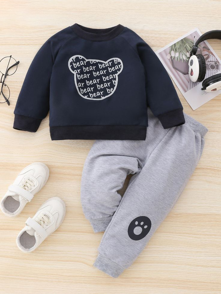 Navy & Grey Bear Print Fleece Tracksuit