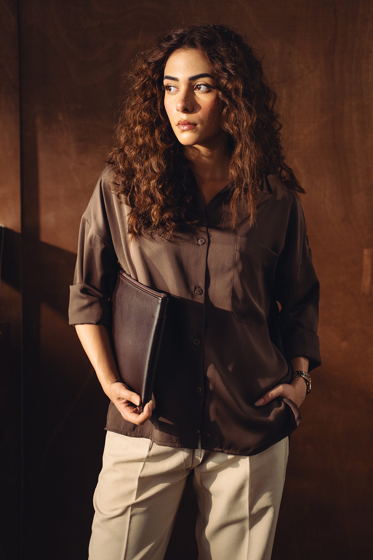 Satin Button-down Shirt - Chocolate Brown