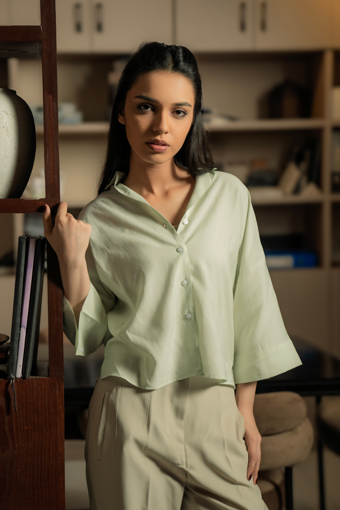 Cropped Box Fit Shirt - Pastel Green