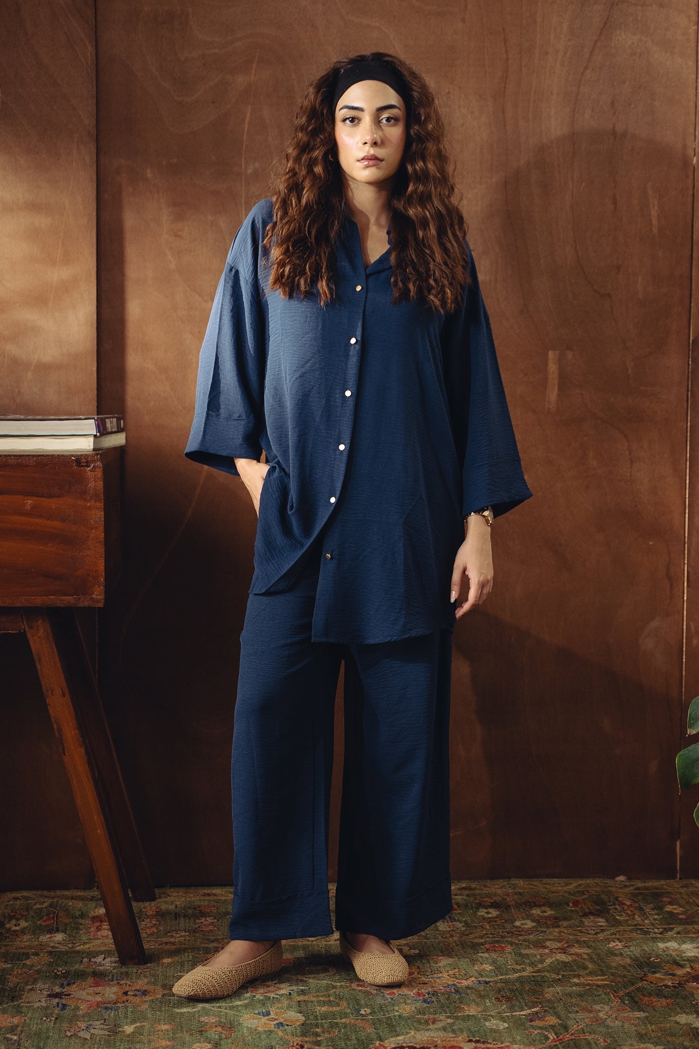 Textured Button Down Co-ord Set - Navy