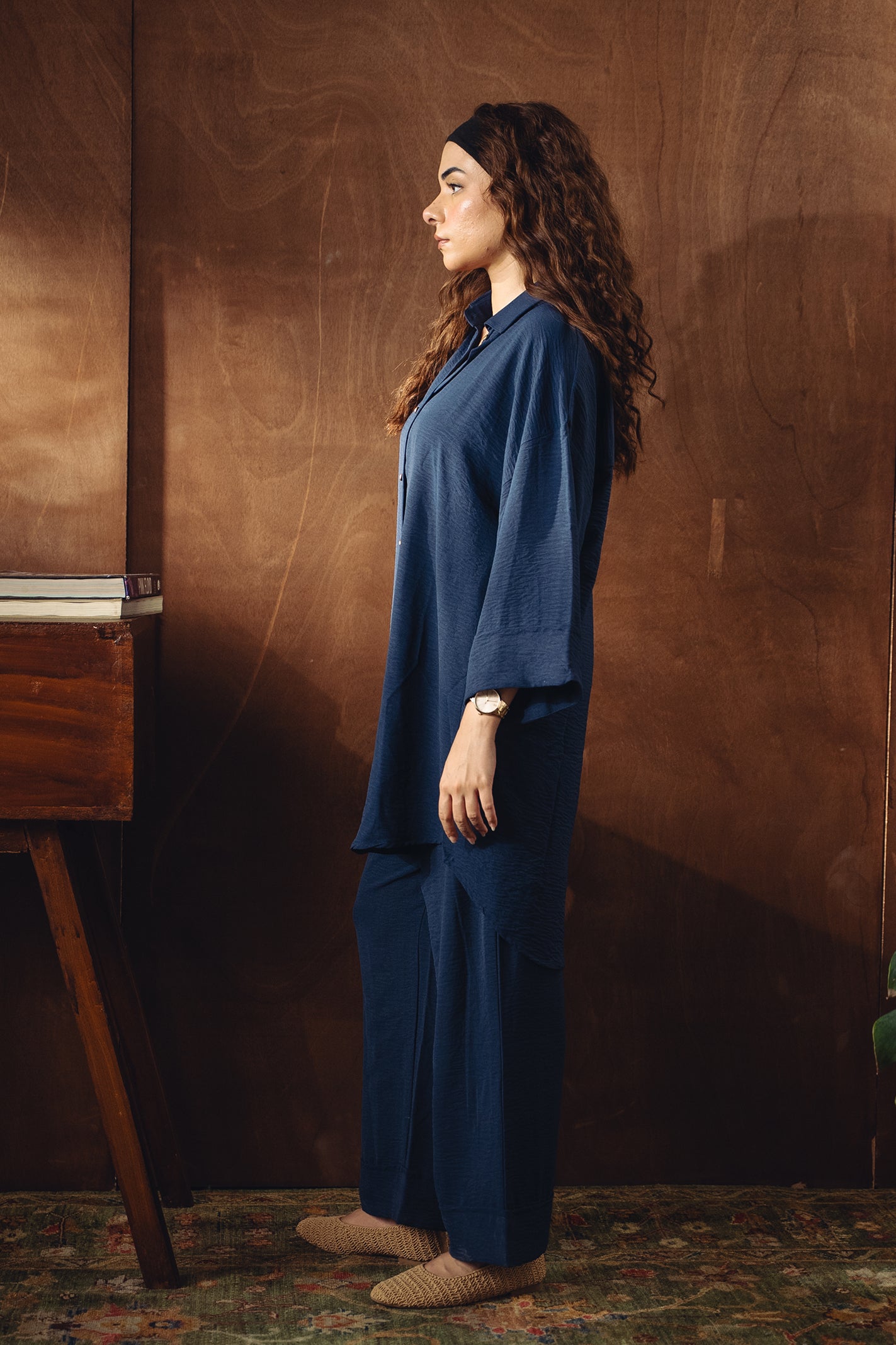 Textured Button Down Co-ord Set - Navy