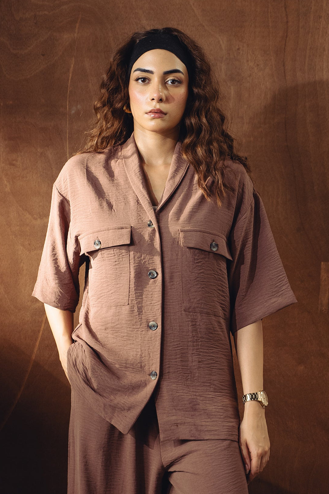 Shawl Collar Cord Set - Salmon Pink