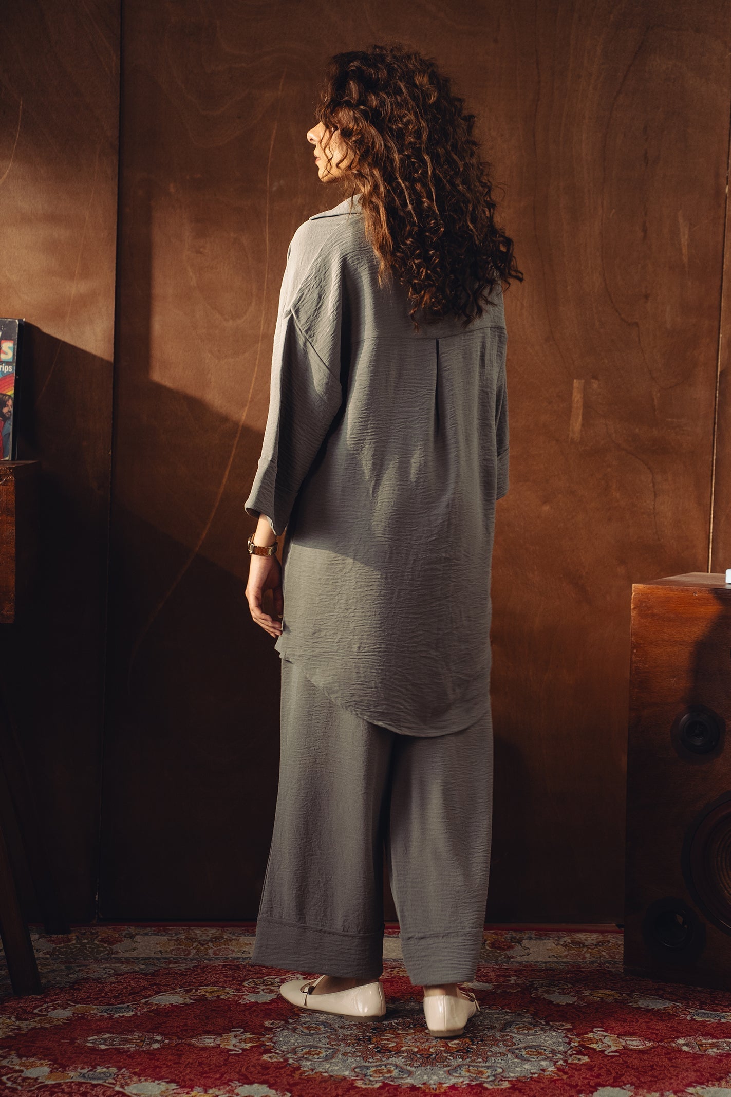 Textured Button Down Co-ord Set - Ice Grey