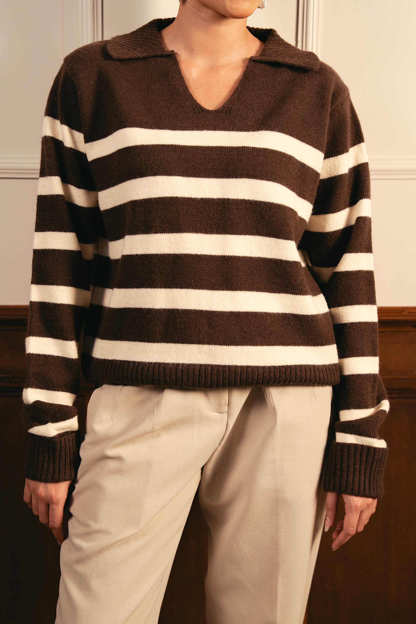 Autumn Glow Stripped Polo Sweater - Brown
