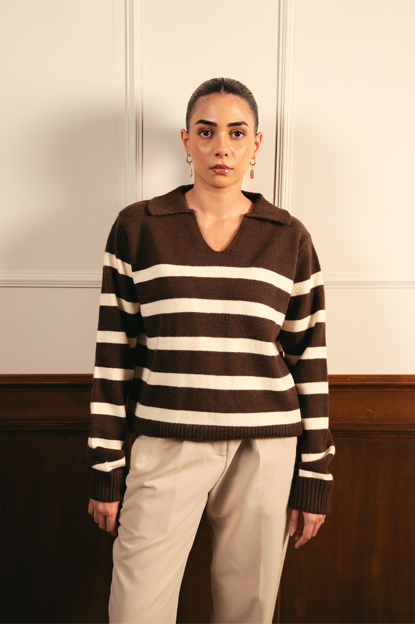 Autumn Glow Stripped Polo Sweater - Brown
