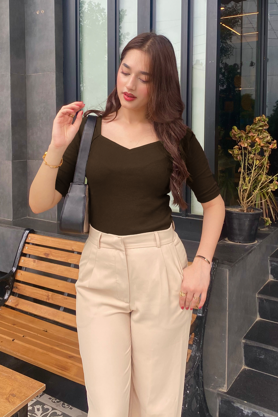 Sweet Heart Neck Top - Chocolate Brown