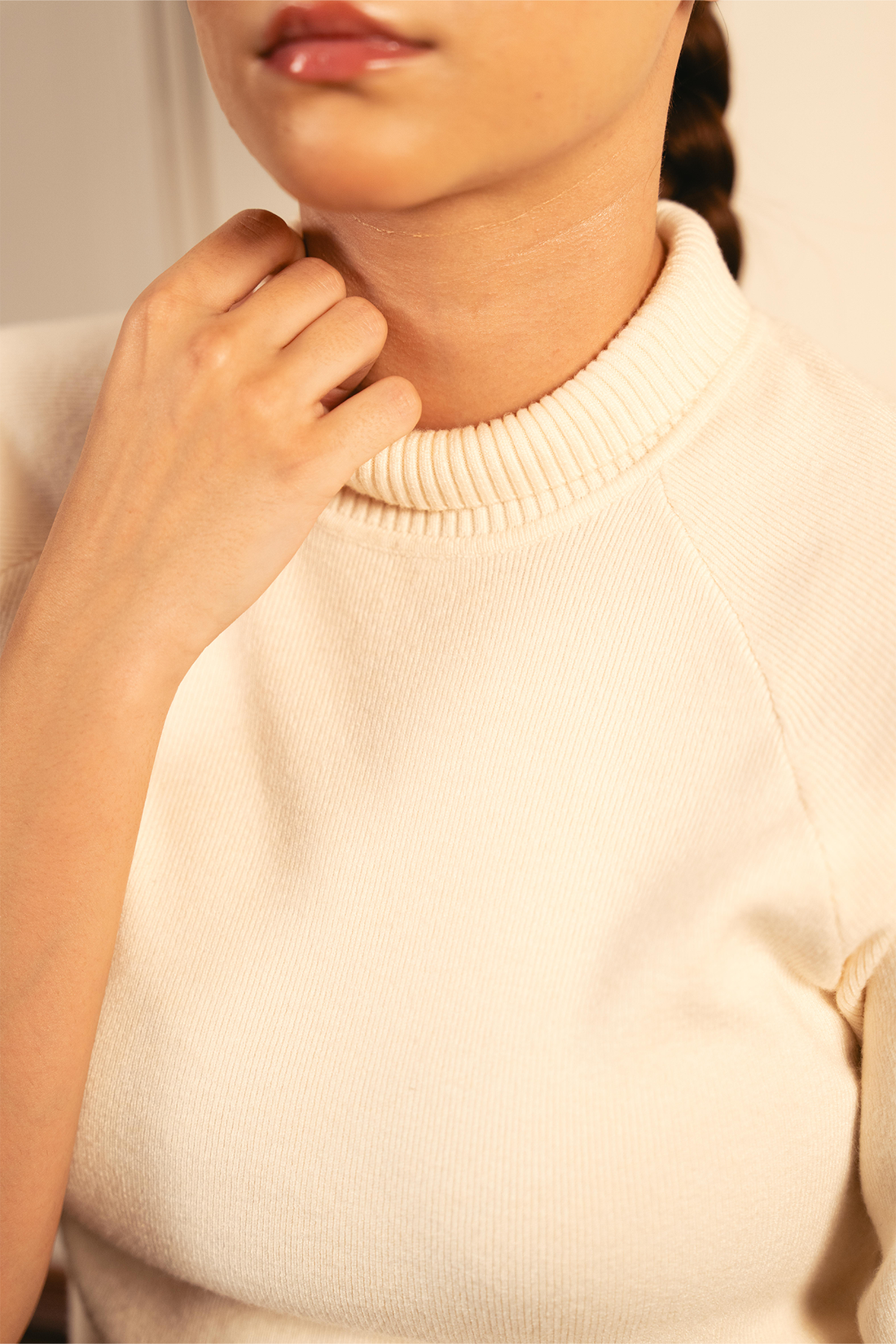 Fine Knit Mock Neck Top - Cream