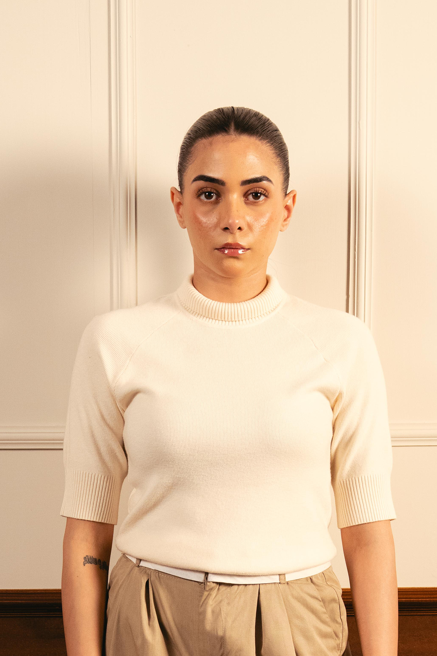Fine Knit Mock Neck Top - Cream