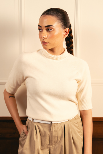 Fine Knit Mock Neck Top - Cream