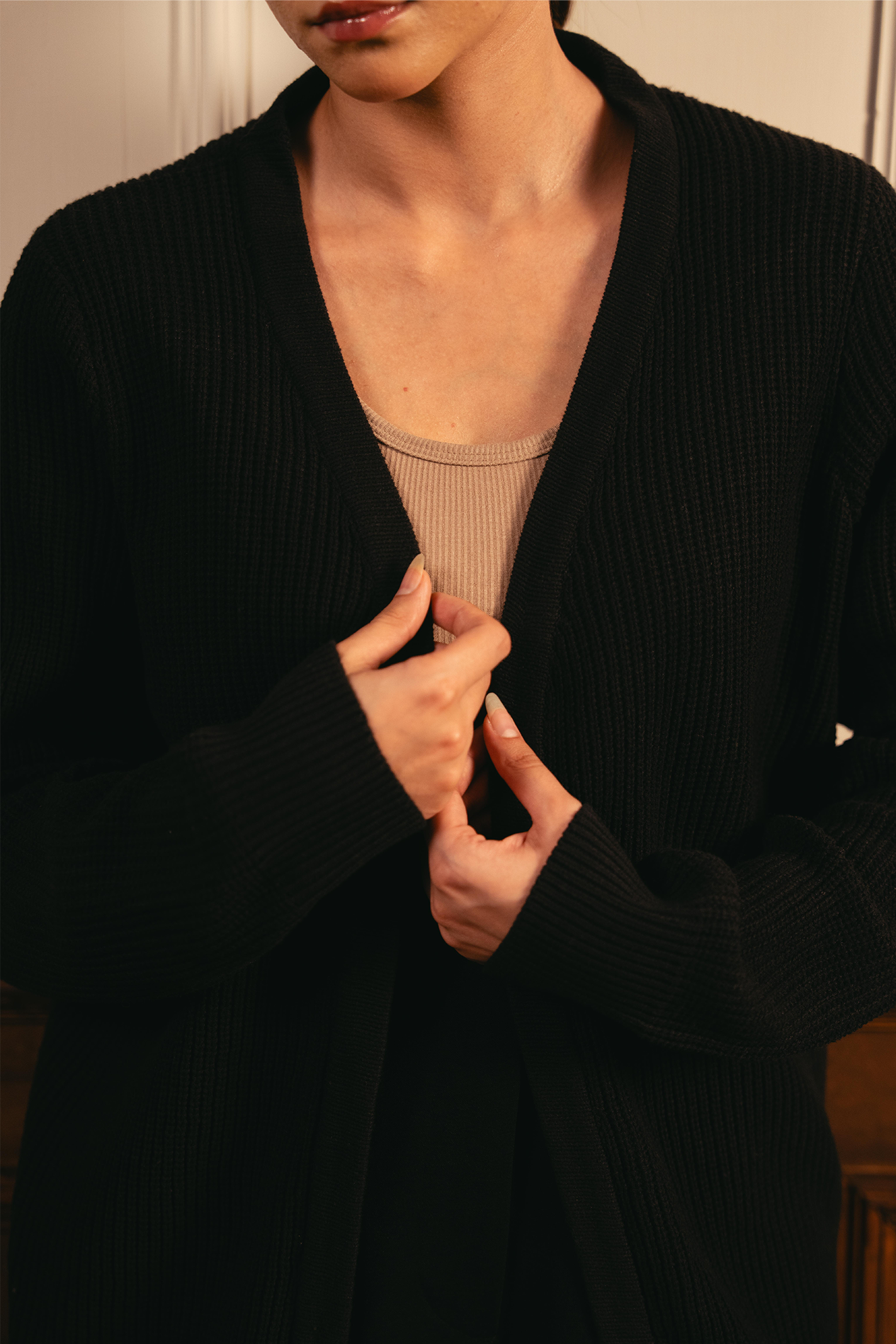 Front-Open Knit Cardigan - Black