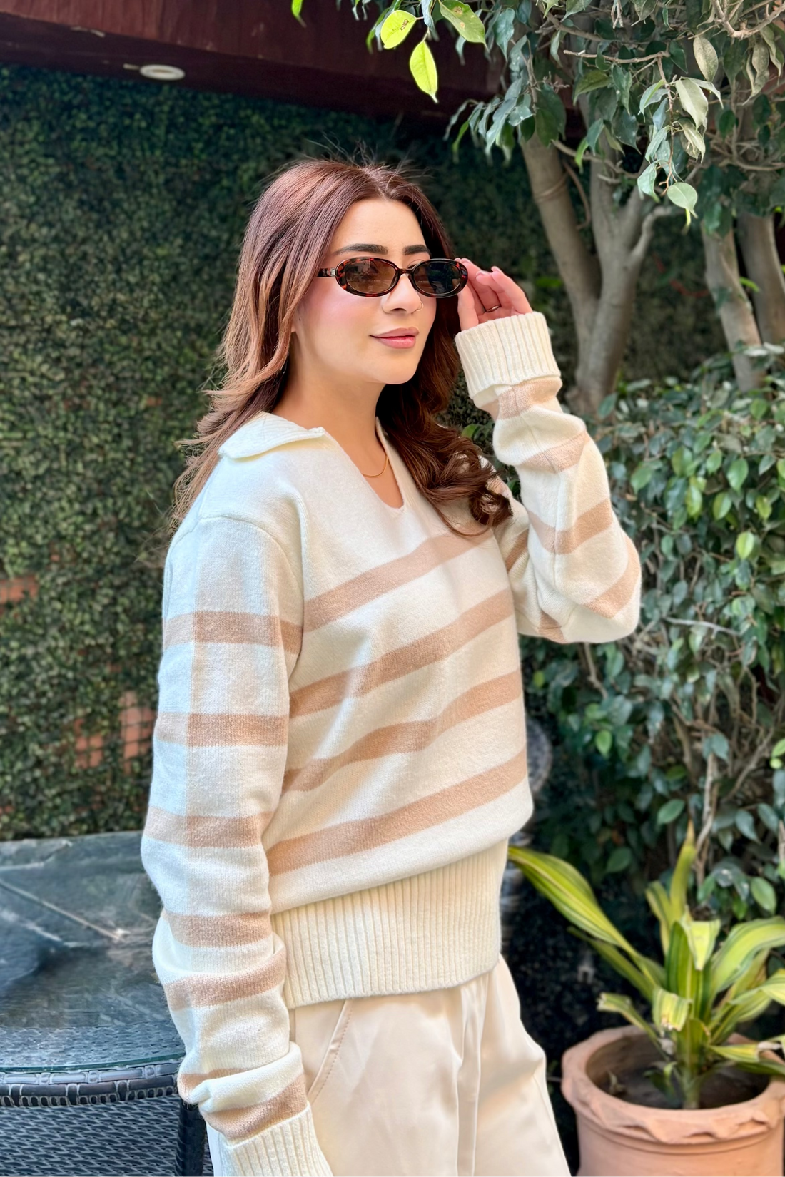 Autumn Glow Stripped Polo Sweater - Cream