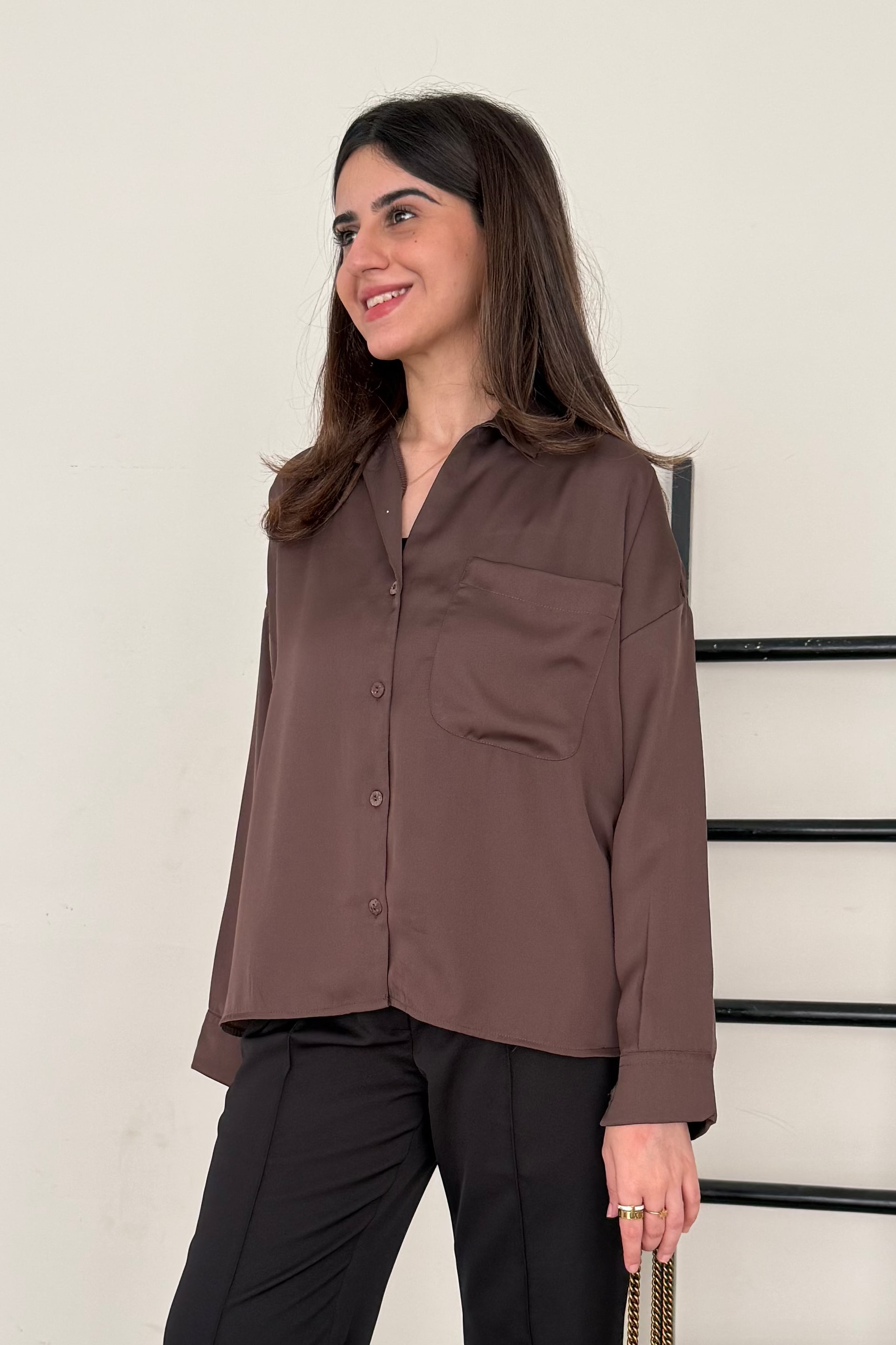 Satin Button-down Shirt - Chocolate Brown