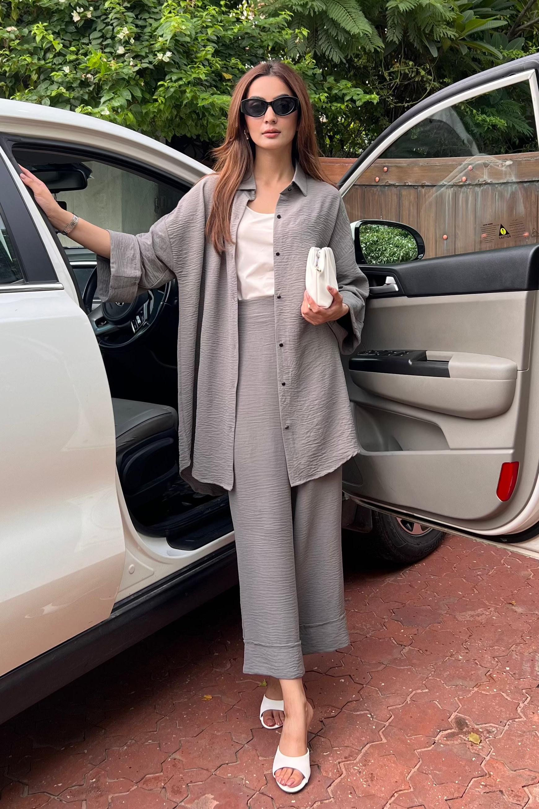 Textured Button Down Co-ord Set - Ice Grey