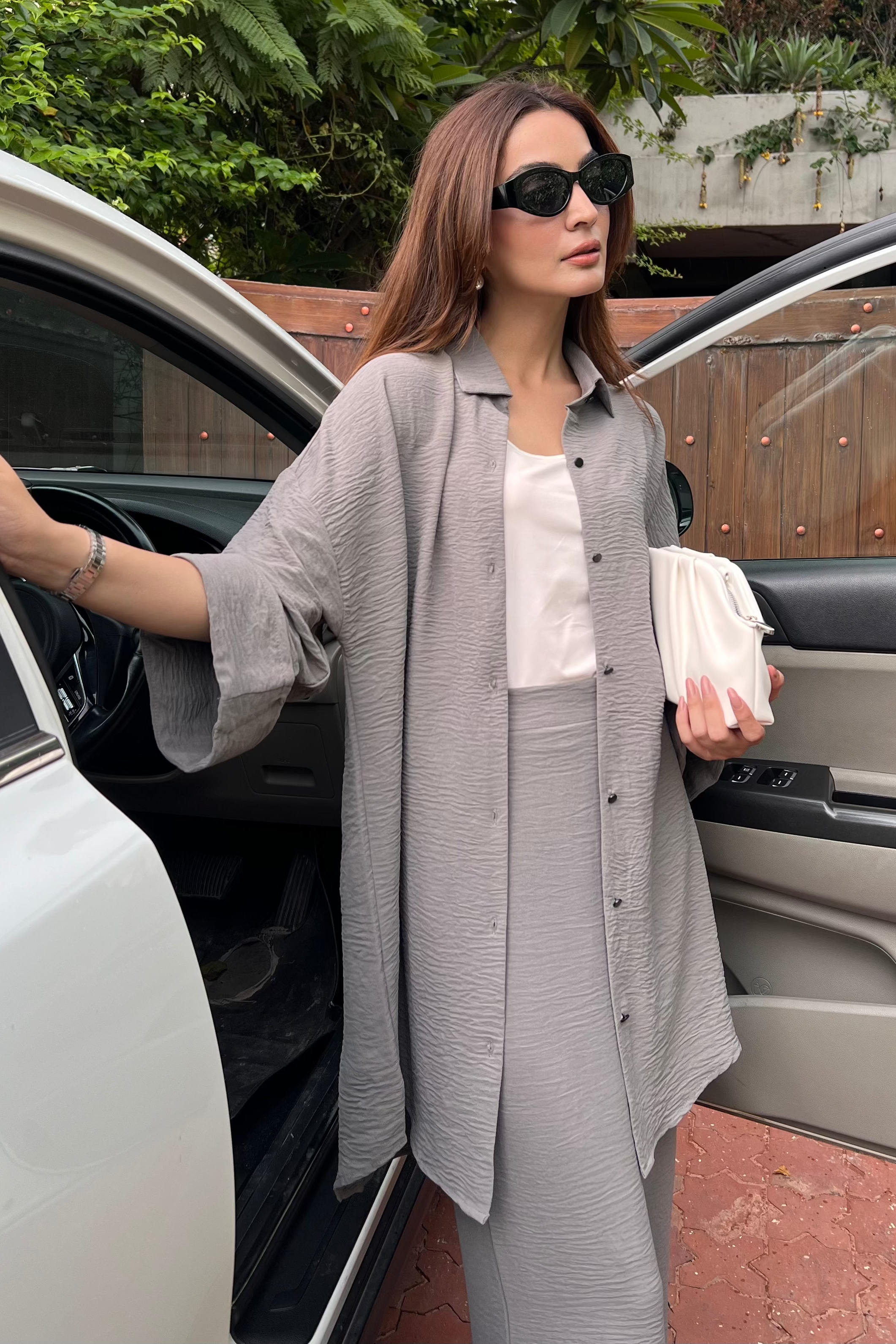 Textured Button Down Co-ord Set - Ice Grey