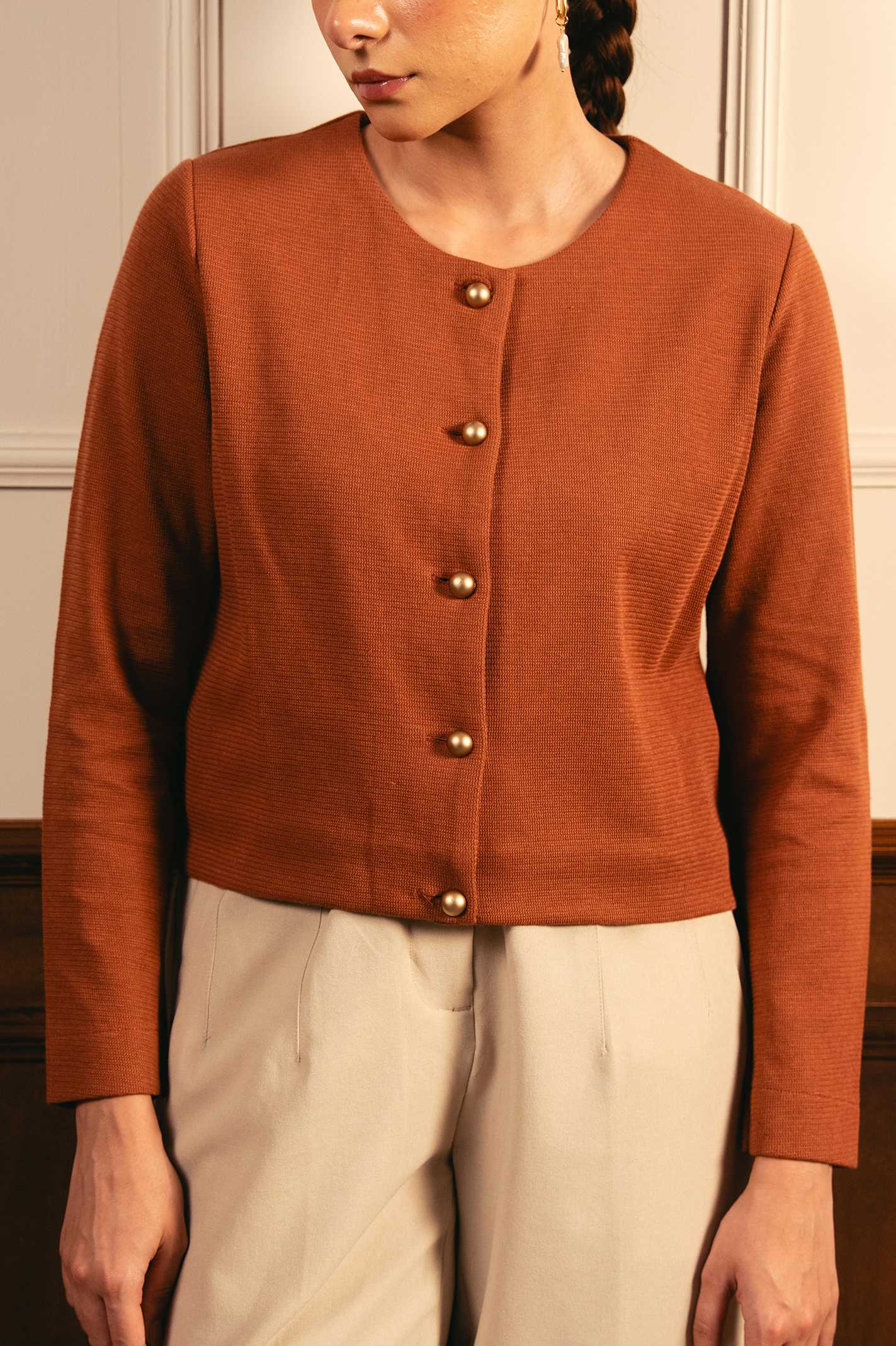Tailored Round Neck Cardigan - Rust