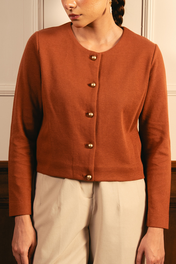 Tailored Round Neck Cardigan - Rust
