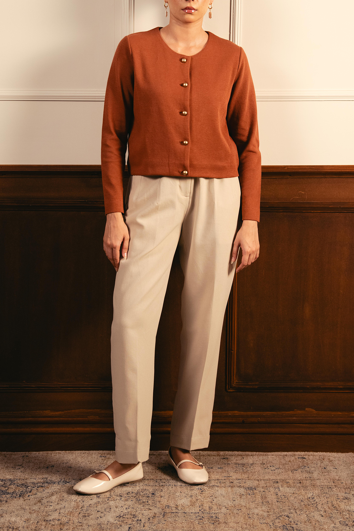 Tailored Round Neck Cardigan - Rust