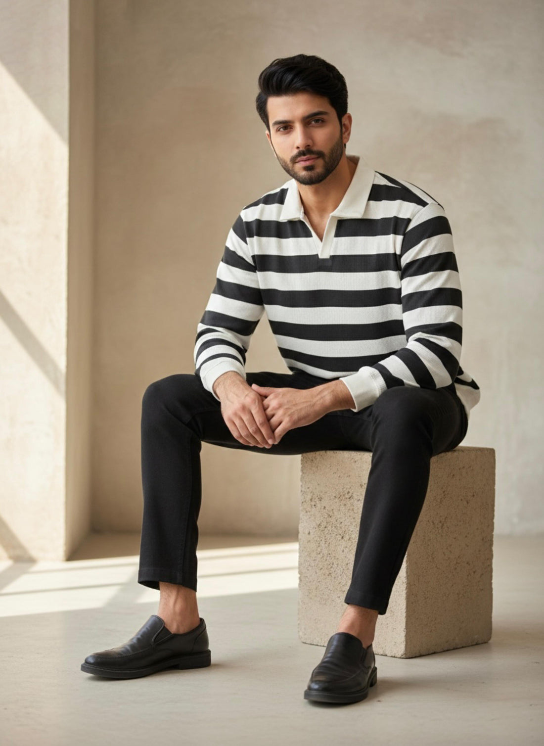 Horizontal Lining Printed Knitted Texture Full Sleeve T-Shirt