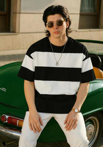 Black Panel Printed Drop-Shoulder Texture T-Shirt