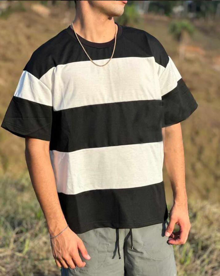 Black Panel Printed Drop-Shoulder Texture T-Shirt