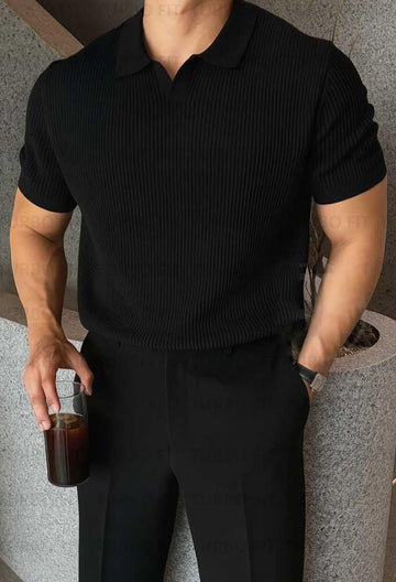 Simple Black Drop-Shoulder Texture T-Shirt