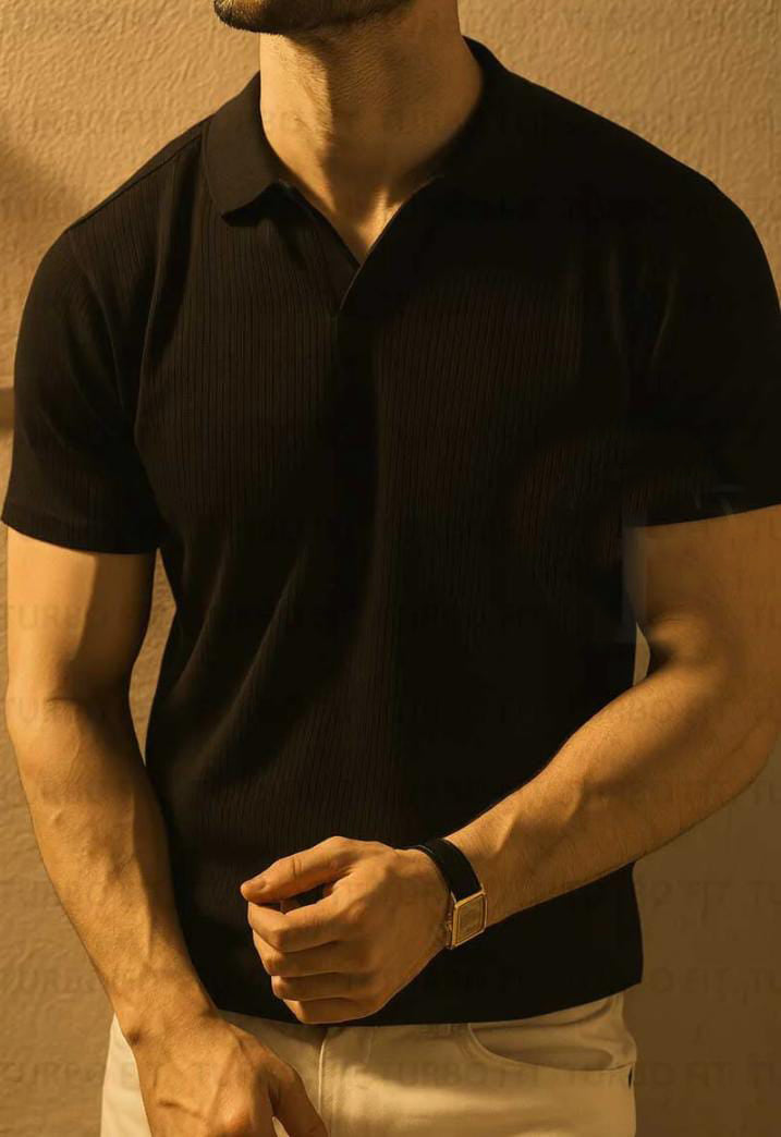 Simple Black Drop-Shoulder Texture T-Shirt