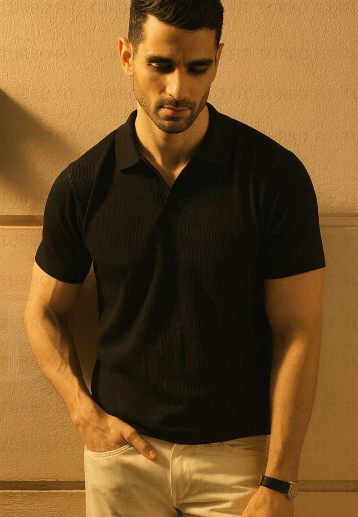 Simple Black Drop-Shoulder Texture T-Shirt