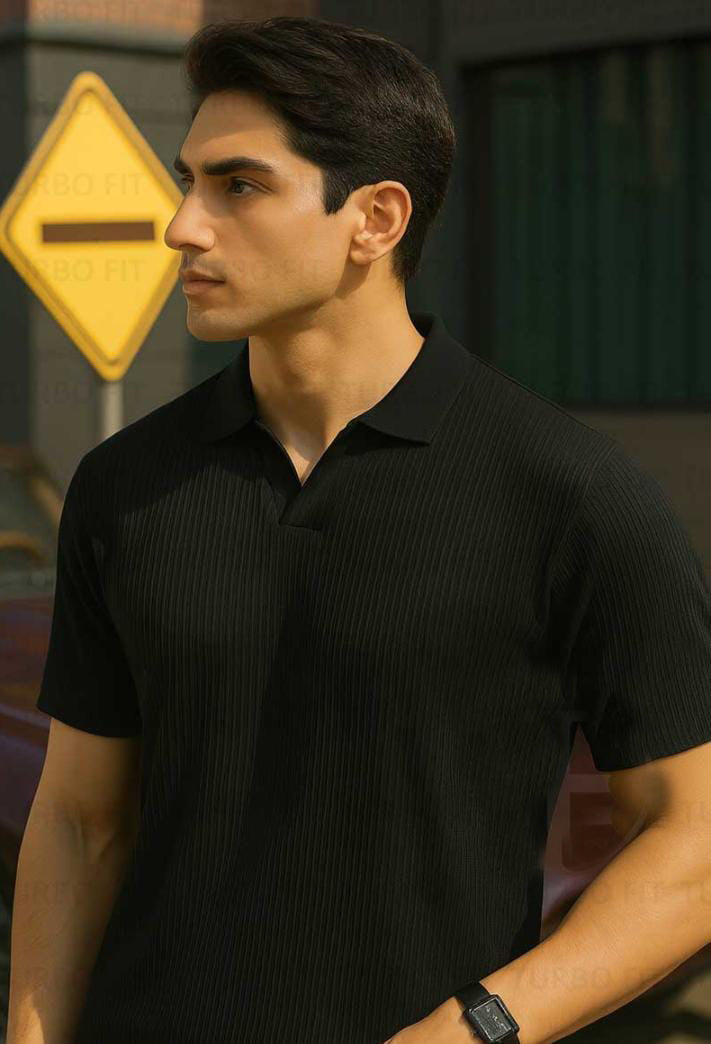 Simple Black Drop-Shoulder Texture T-Shirt