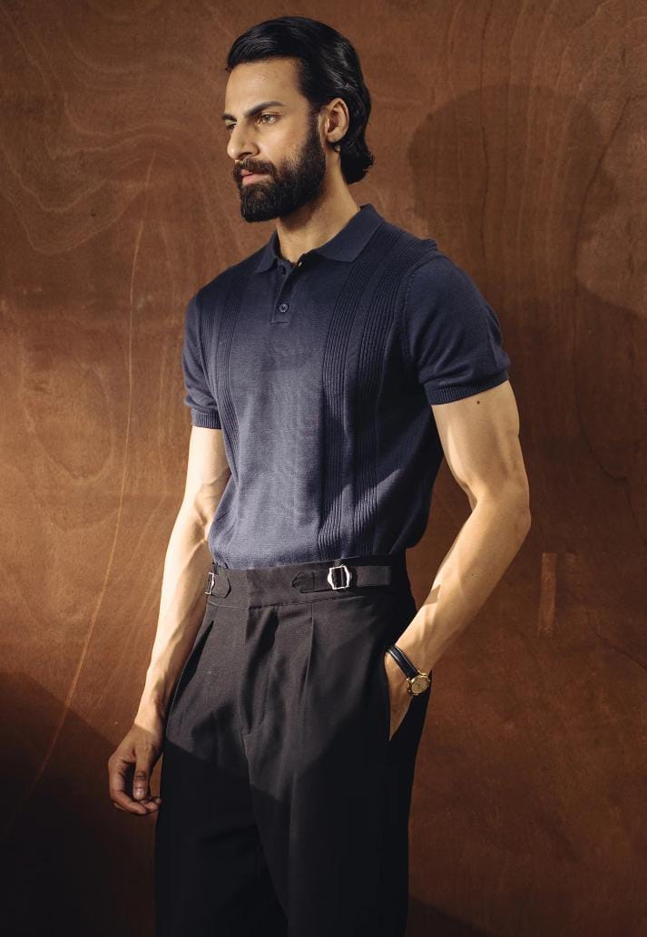 Jacquard Fine Knit Polo Shirt-Navy Blue