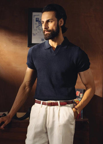Johnny Collar Textured Knitted Polo T-Shirt