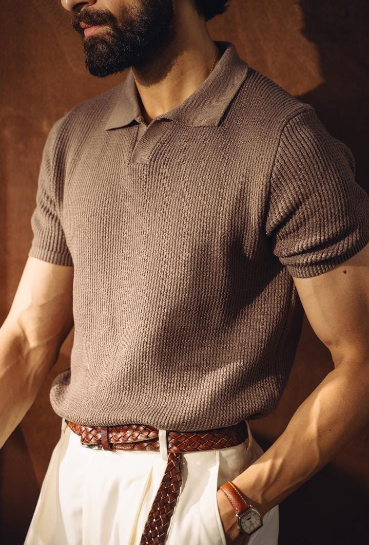 Johnny Collar Textured Knitted Polo T-Shirt