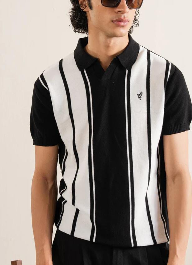 Horizontal Stripe Panel Polo T-Shirt