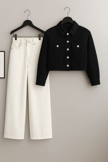 Black Crop Denim Jacket With White Wide Leg Jeans