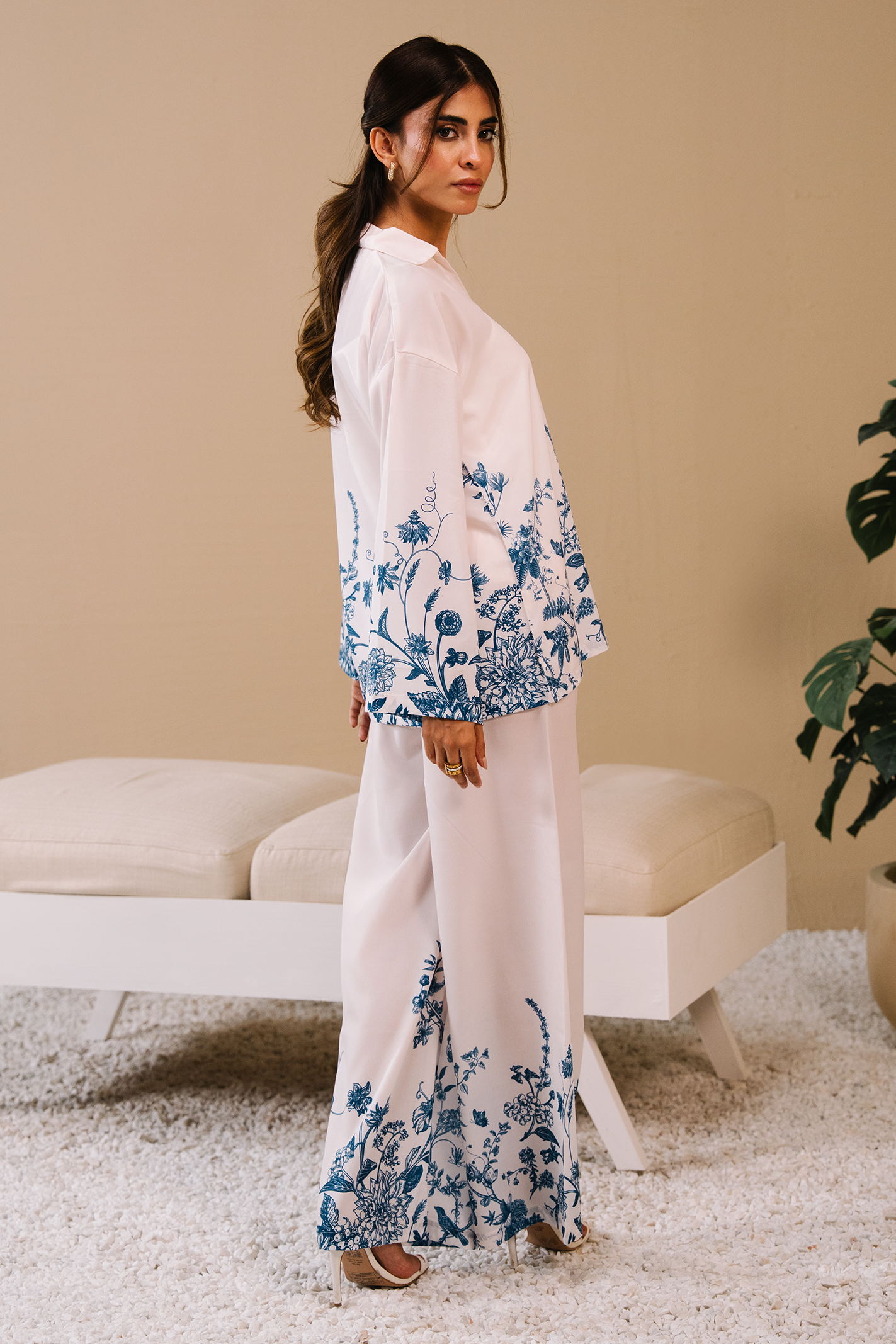 Collared Printed Co-ord Set - White