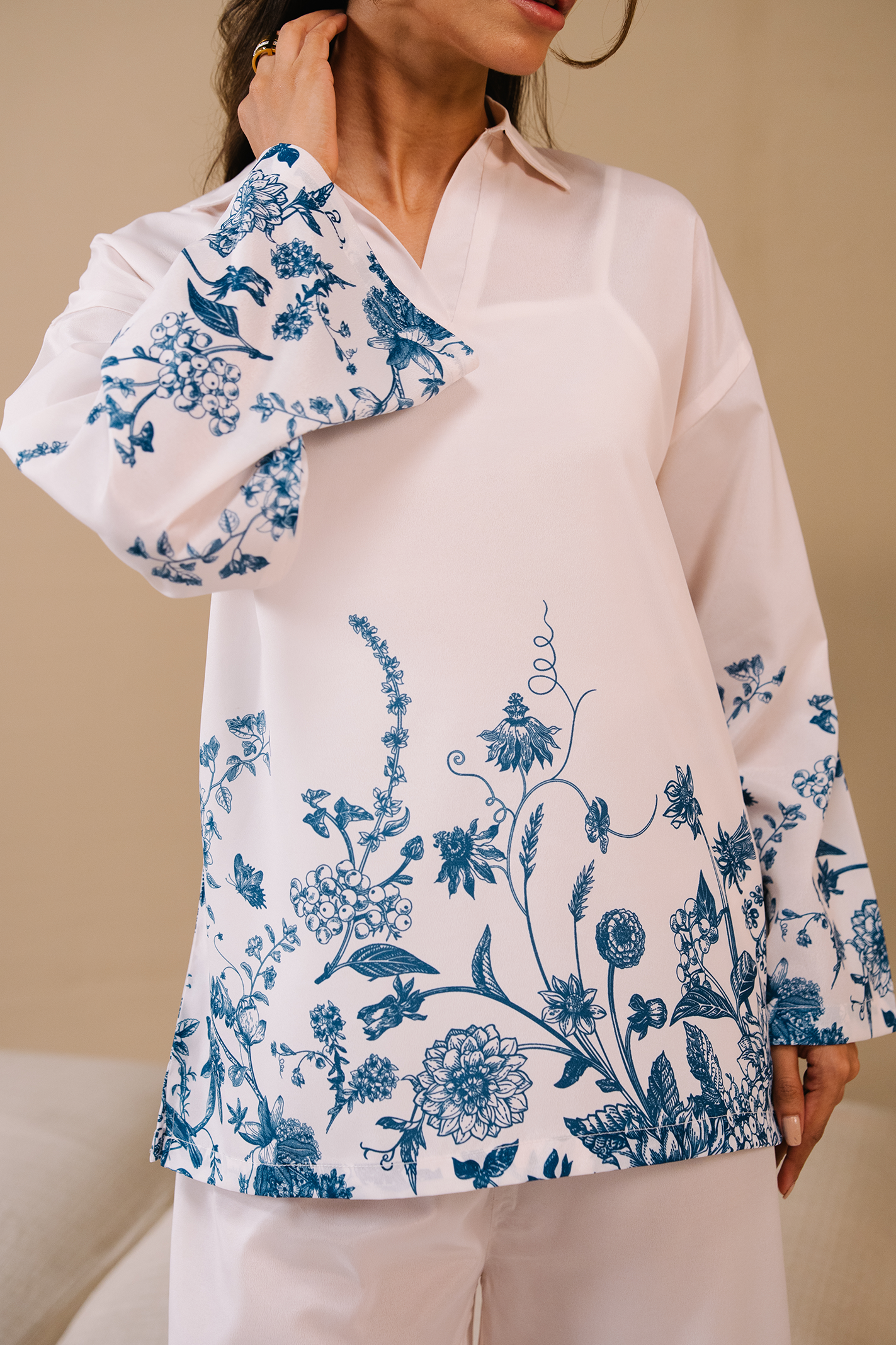 Collared Printed Co-ord Set - White