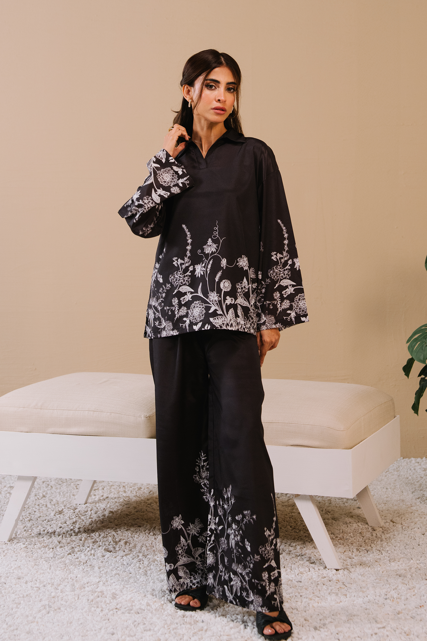 Collared Printed Co-ord Set - Black