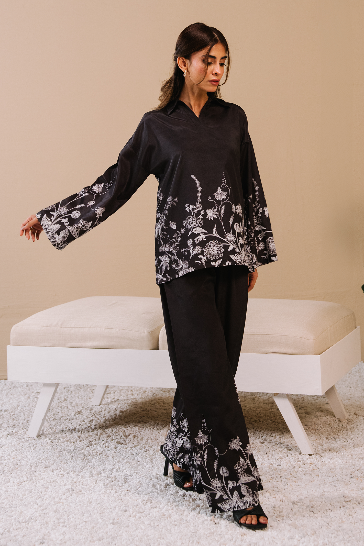 Collared Printed Co-ord Set - Black