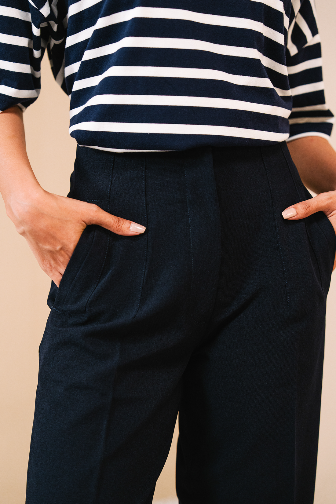 High Waist Darted Pants- Navy