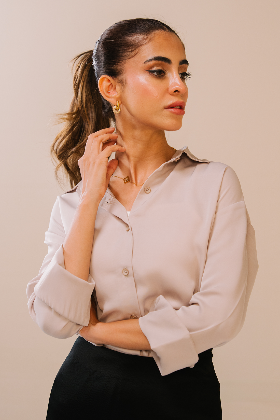 Satin button-down Shirt - Cream