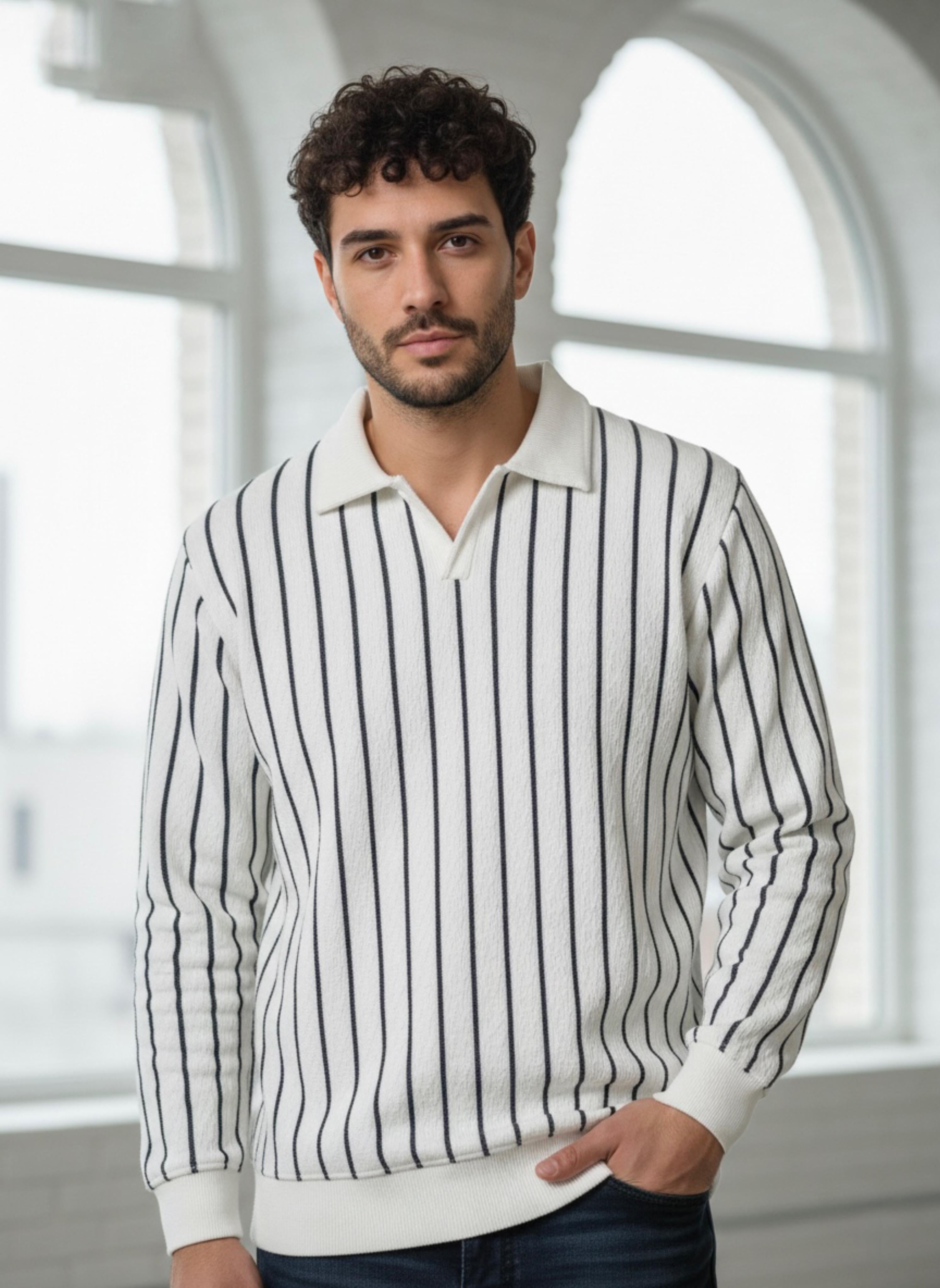 Vertical Lining Printed Knitted Texture Full Sleeve T-Shirt