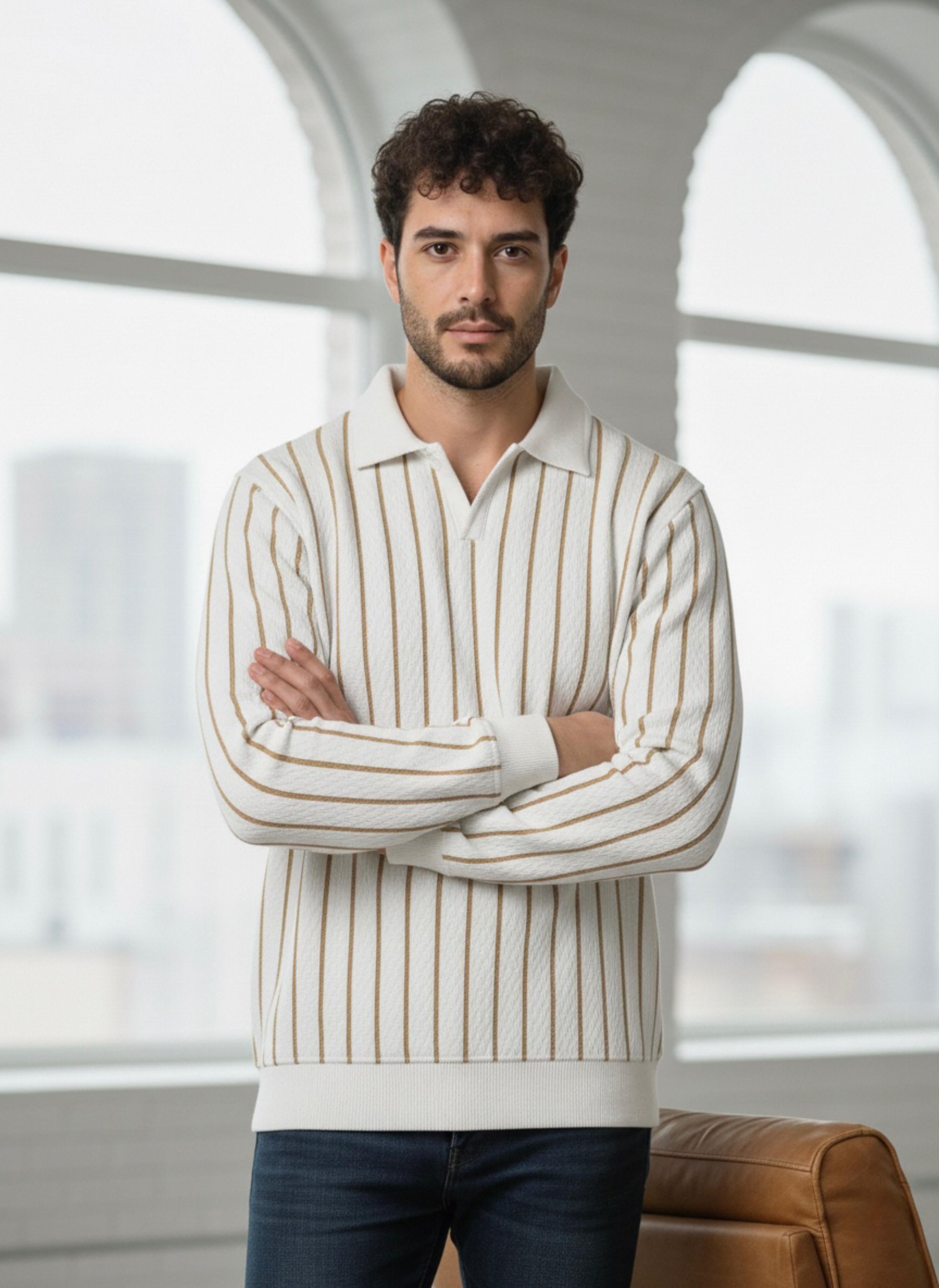 Vertical Lining Printed Knitted Texture Full Sleeve T-Shirt