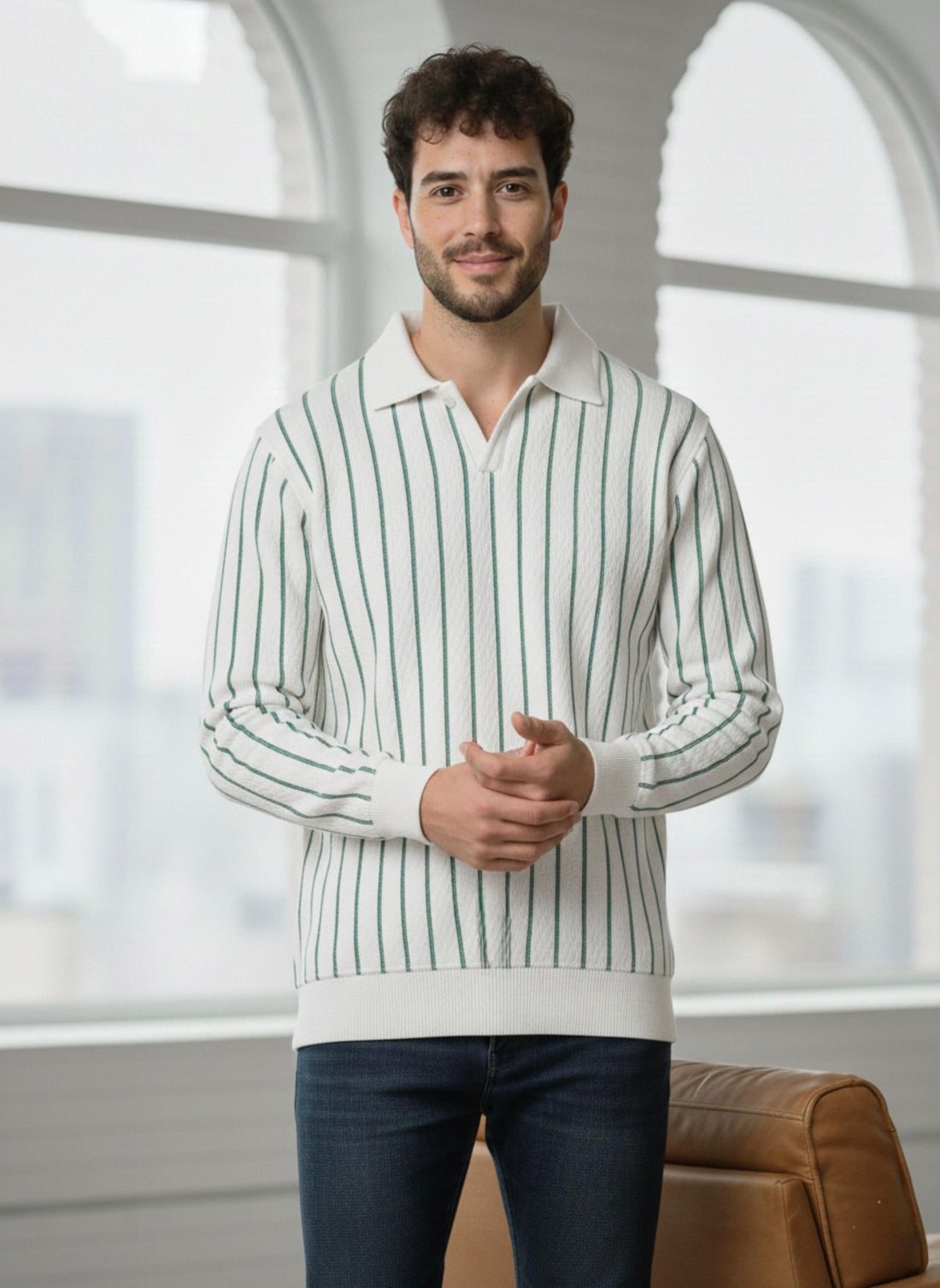 Vertical Lining Printed Knitted Texture Full Sleeve T-Shirt